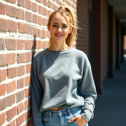 A 26-year-old casual white woman with a ponytail, sporting a comfortable sweatshirt and fitted jeans