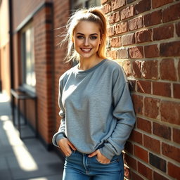 A 26-year-old casual white woman with a ponytail, sporting a comfortable sweatshirt and fitted jeans