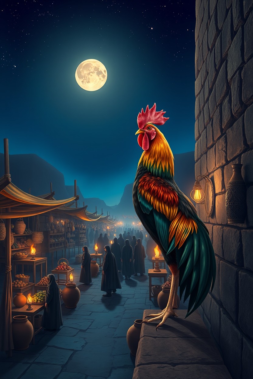 A cinematic, storybook-style digital illustration of an ancient Middle Eastern marketplace at night, featuring a calm nocturnal atmosphere under a deep blue sky filled with stars and a visible crescent moon