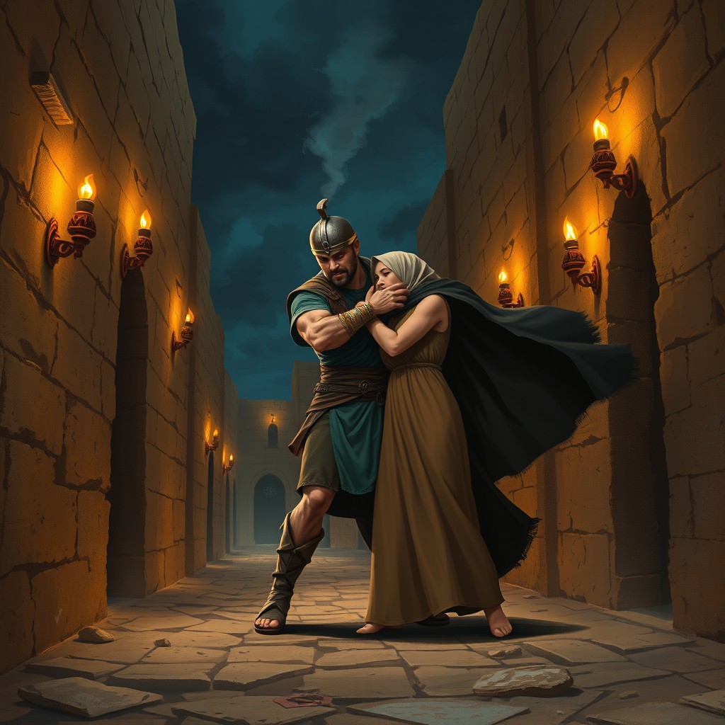 A dramatic, cinematic storybook-style digital illustration set at night in a narrow ancient Middle Eastern alley