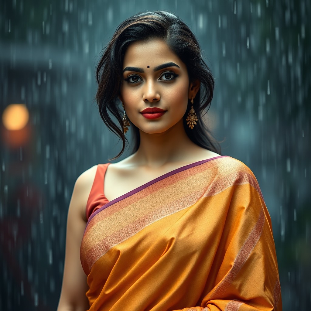 A photo of a woman in a stunning saree, set against a rainy backdrop with cinematic water droplets glistening