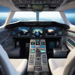 Futuristic airplane cockpit with a wide array of advanced screens and controls, displaying a breathtaking view of the Earth from orbit.