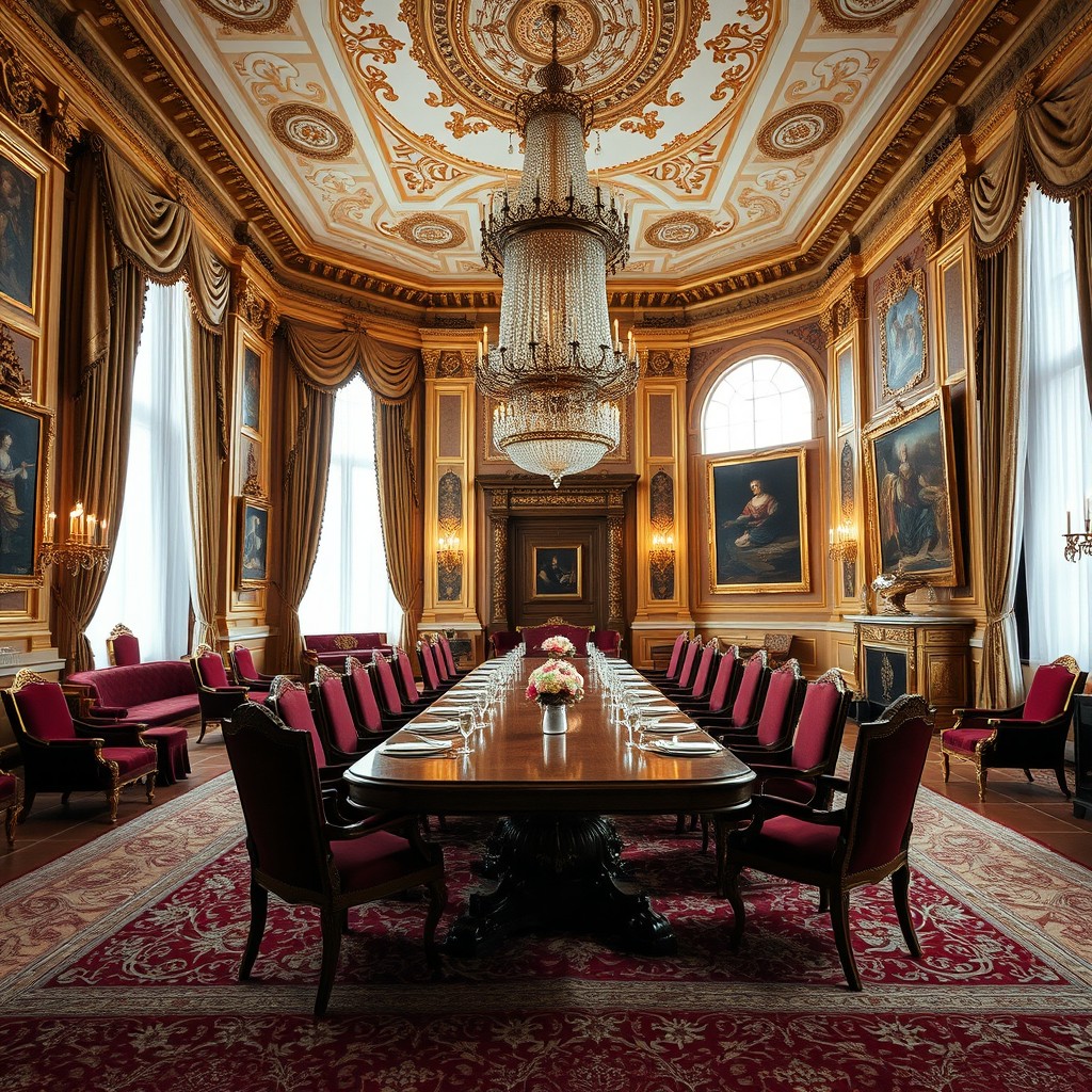 A majestic royal room featuring opulent decor with gilded accents, plush velvet furniture, an ornate chandelier hanging from a high ceiling, and large windows draped with luxurious curtains