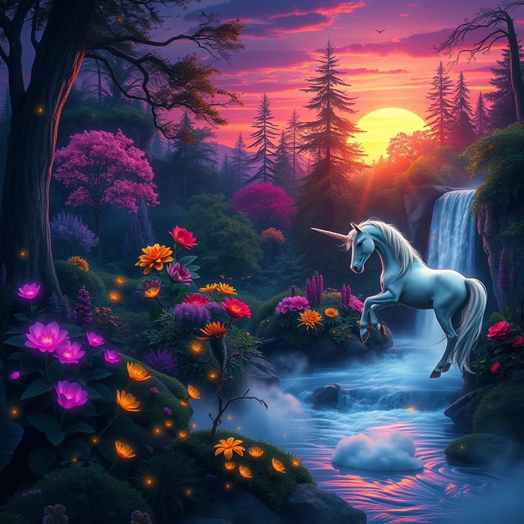 a mystical forest during twilight, with ethereal glowing plants and a serene river flowing through