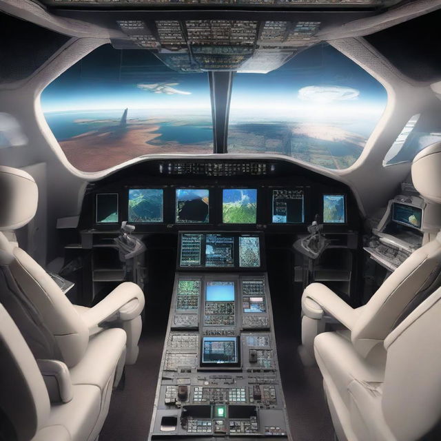 Futuristic airplane cockpit with a wide array of advanced screens and controls, displaying a breathtaking view of the Earth from orbit.