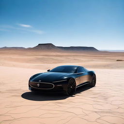 A sleek black car stationed in a desolate desert, under a clear, blue sky