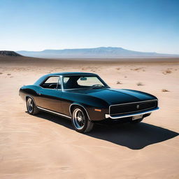 A sleek black car stationed in a desolate desert, under a clear, blue sky