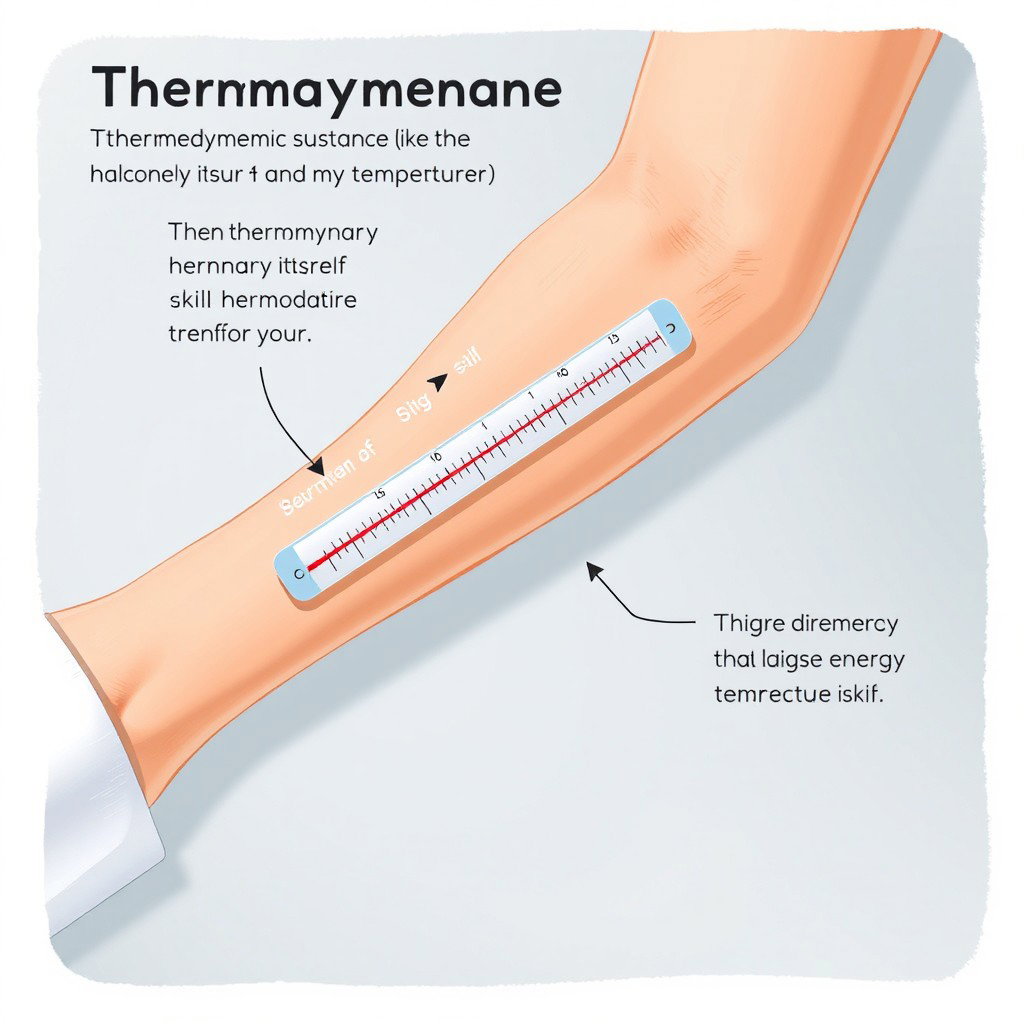 An informative illustration depicting a thermometer placed on the arm of a human figure, showcasing the thermodynamic equilibrium between the thermometric substance (like mercury or alcohol), the thermometer itself, and the person's skin temperature