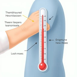 An informative illustration depicting a thermometer placed on the arm of a human figure, showcasing the thermodynamic equilibrium between the thermometric substance (like mercury or alcohol), the thermometer itself, and the person's skin temperature
