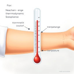 An informative illustration depicting a thermometer placed on the arm of a human figure, showcasing the thermodynamic equilibrium between the thermometric substance (like mercury or alcohol), the thermometer itself, and the person's skin temperature