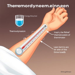 An informative illustration depicting a thermometer placed on the arm of a human figure, showcasing the thermodynamic equilibrium between the thermometric substance (like mercury or alcohol), the thermometer itself, and the person's skin temperature