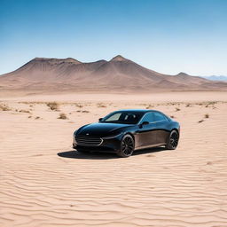 A sleek black car stationed in a desolate desert, under a clear, blue sky