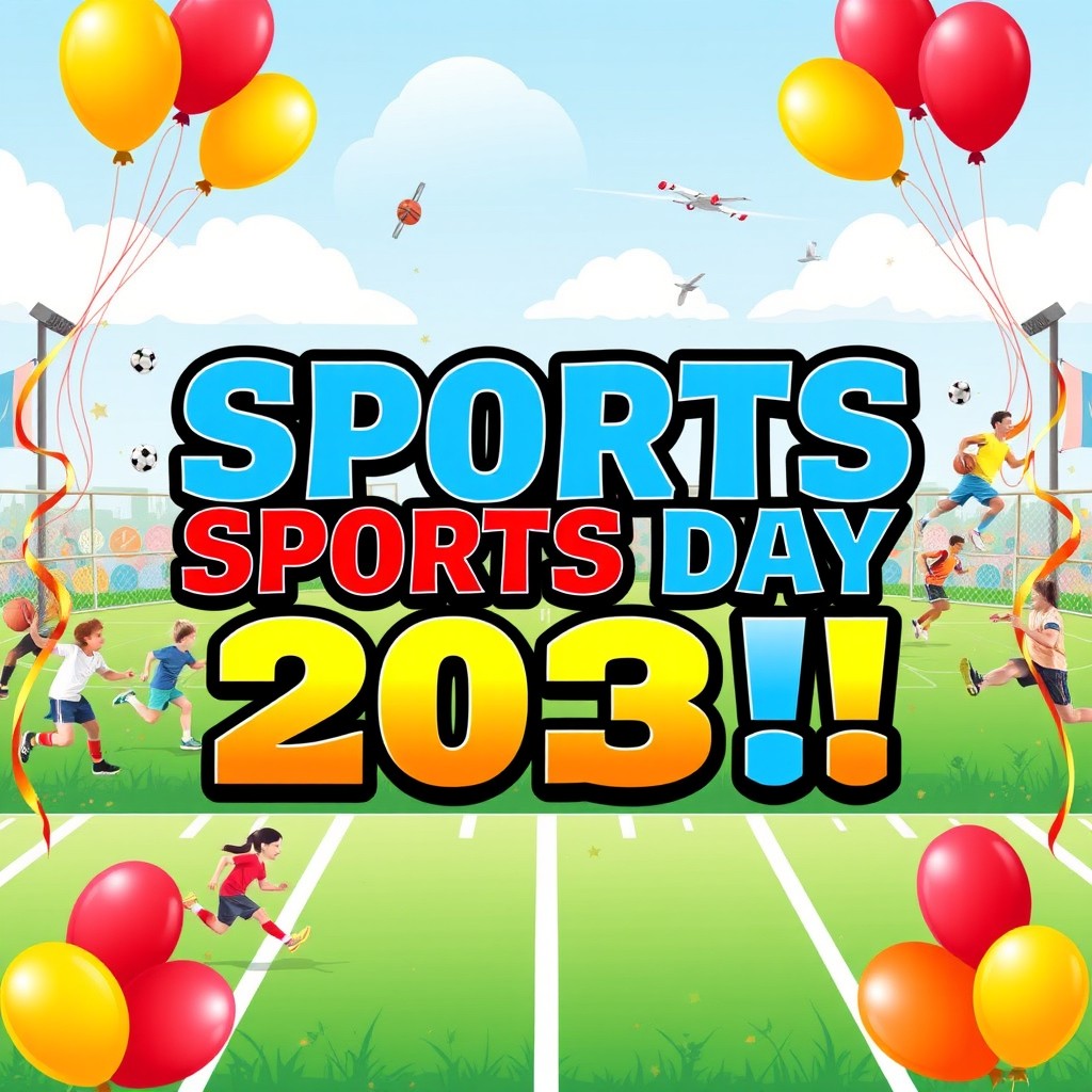 A vibrant and dynamic sports day banner, featuring bold and colorful lettering that says 'Sports Day 2023!' The background is filled with an energetic scene of athletes participating in various sports such as running, soccer, basketball, and relay races