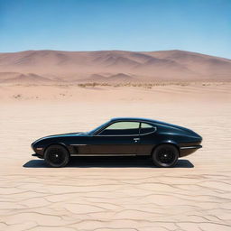 A sleek black car stationed in a desolate desert, under a clear, blue sky