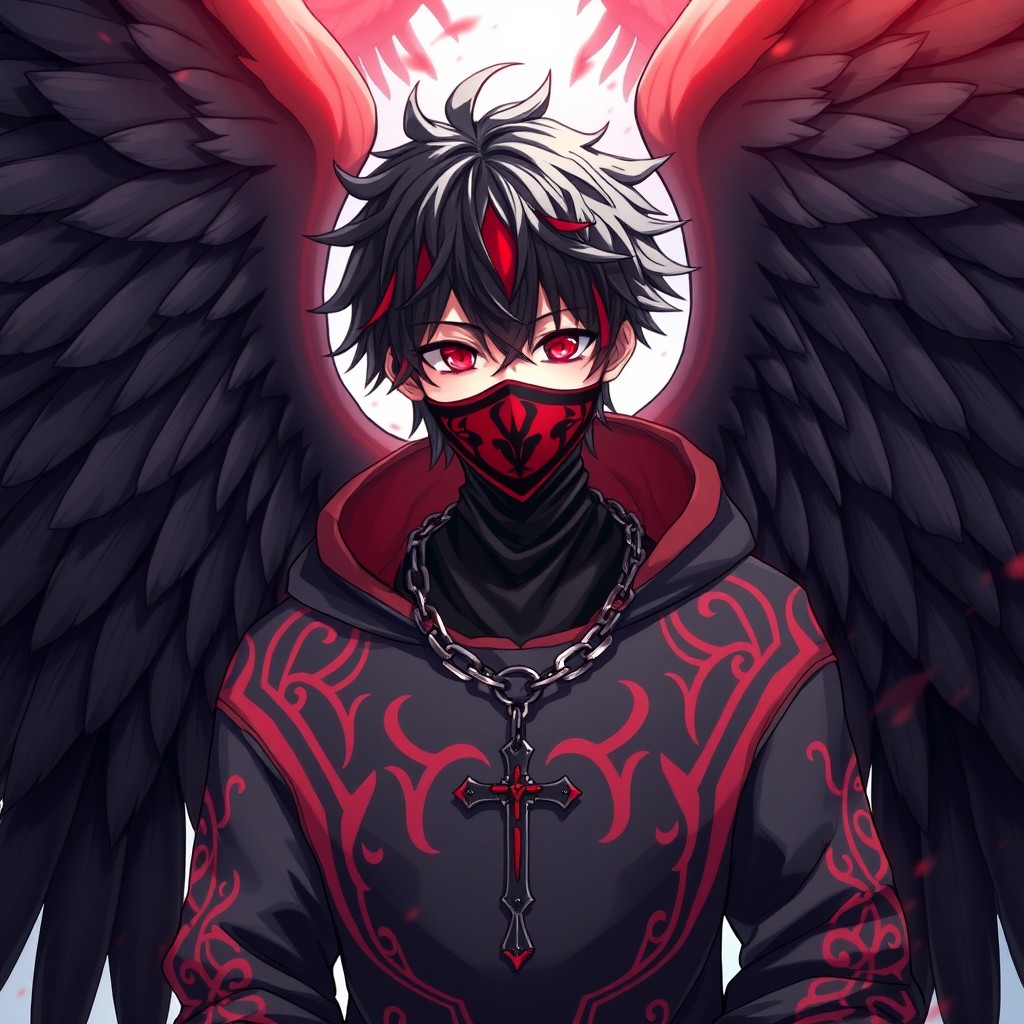 An anime character with striking black and red hair and intense red eyes, showcasing a dramatic pose