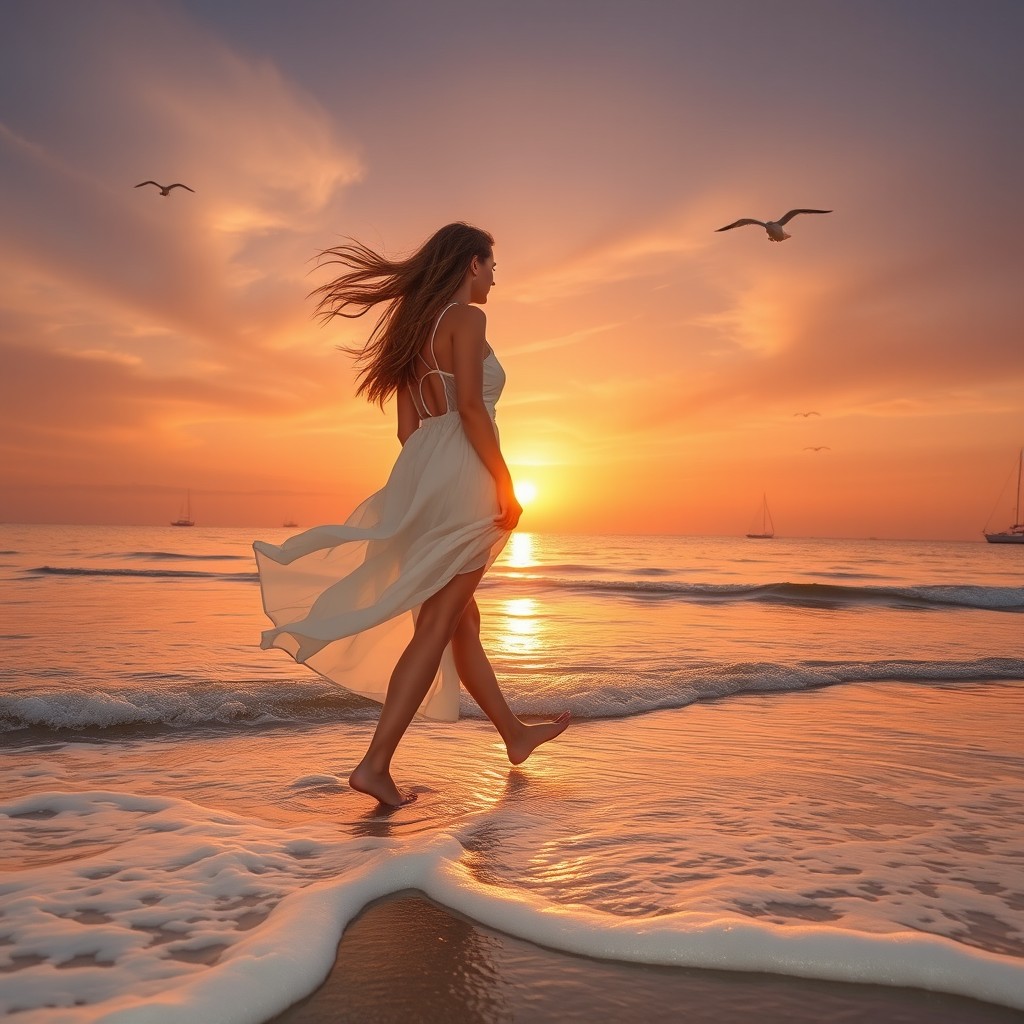 A woman walking gracefully on a serene beach during sunset, with waves gently lapping at her feet