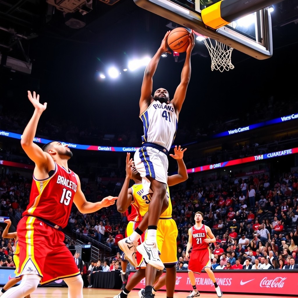 A dynamic scene of a professional basketball game, featuring players in action on the court