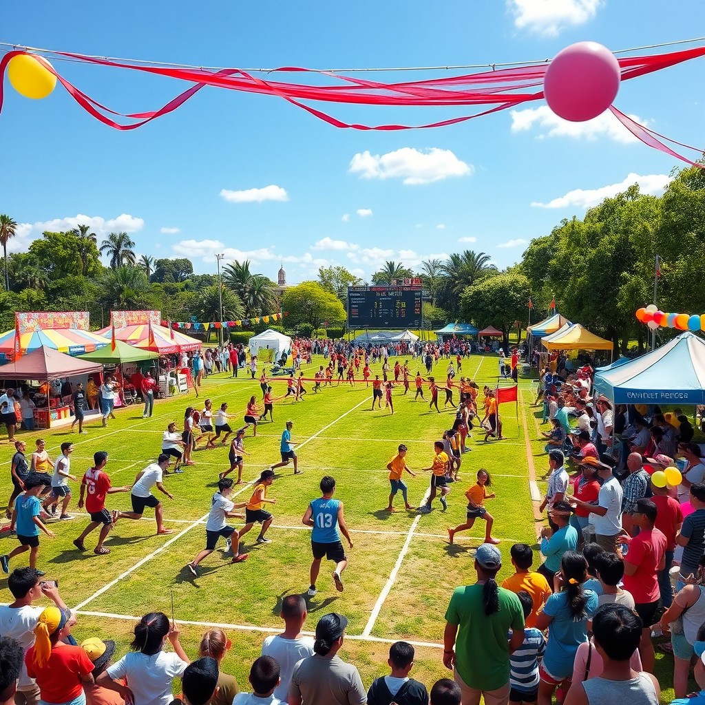 A vibrant sports festival scene filled with energy and excitement, featuring various athletic competitions taking place in a sunny park