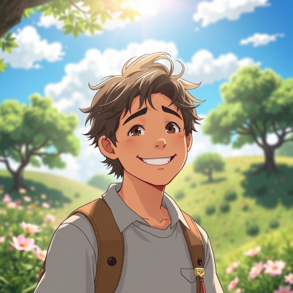A charming, whimsical scene inspired by Studio Ghibli animations, featuring a 28-year-old man with a warm smile and friendly demeanor