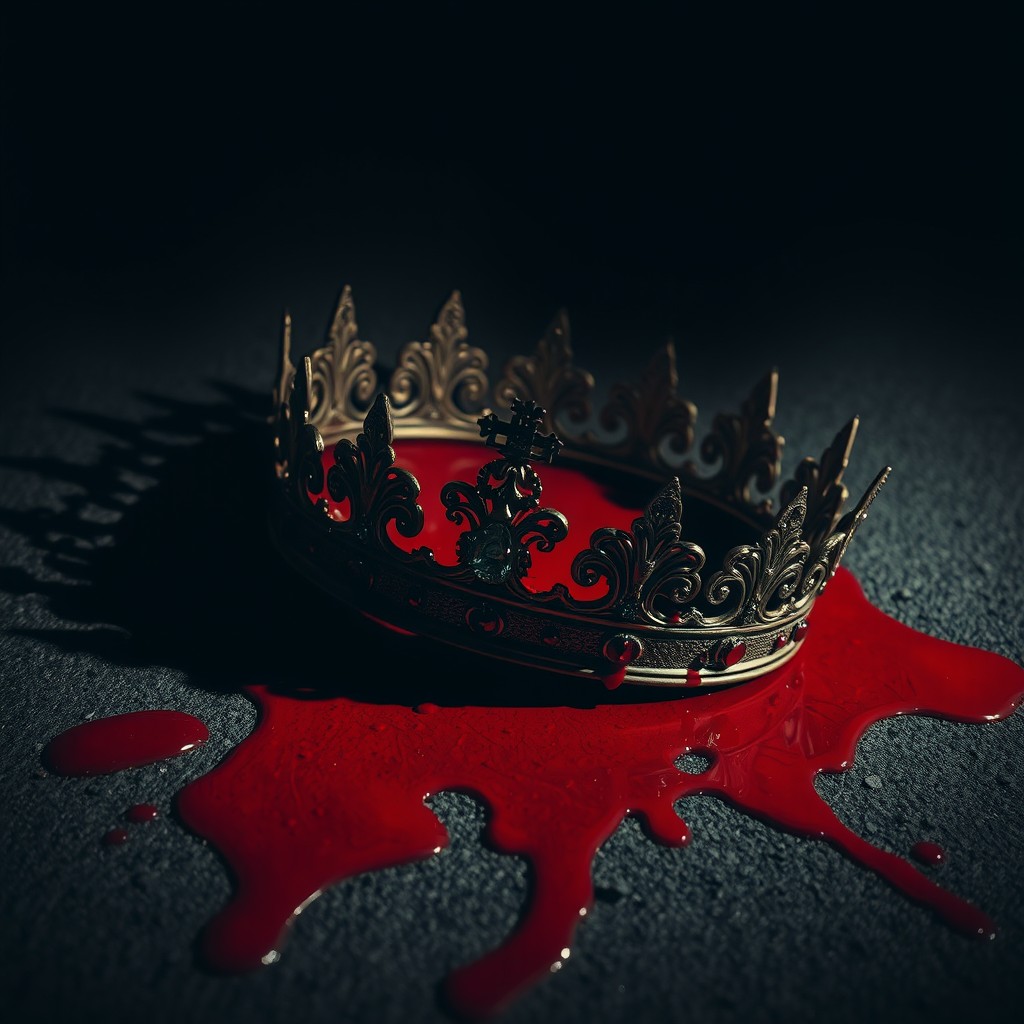 A stunningly detailed crown resting on the ground, dramatically covered in bright red blood
