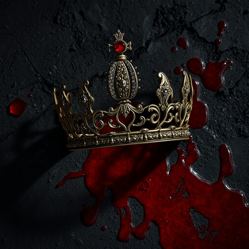 A beautifully crafted crown lying on the ground, deeply stained with bright red blood