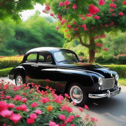 A polished black car situated in a breathtakingly beautiful locale with lush greenery and vibrant flowers.