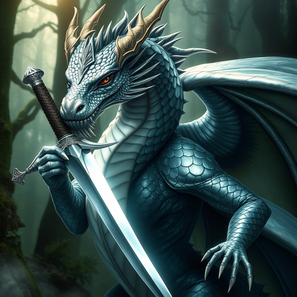 A powerful lady dragon with striking silver skin, shimmering scales adorning her face and body