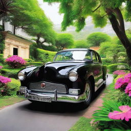 A polished black car situated in a breathtakingly beautiful locale with lush greenery and vibrant flowers.