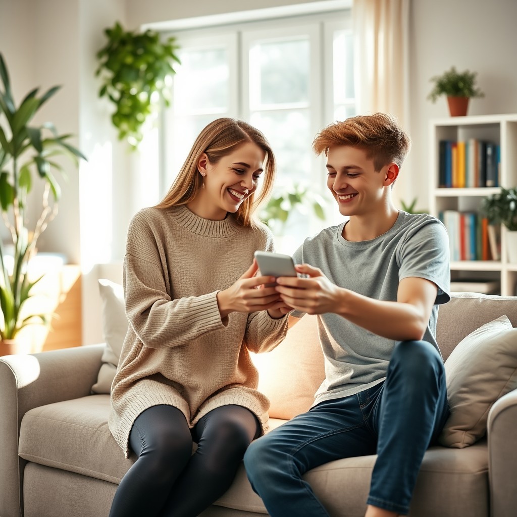 A warm and loving scene of a mother and her teenage son enjoying a cozy moment together in a bright and airy living room