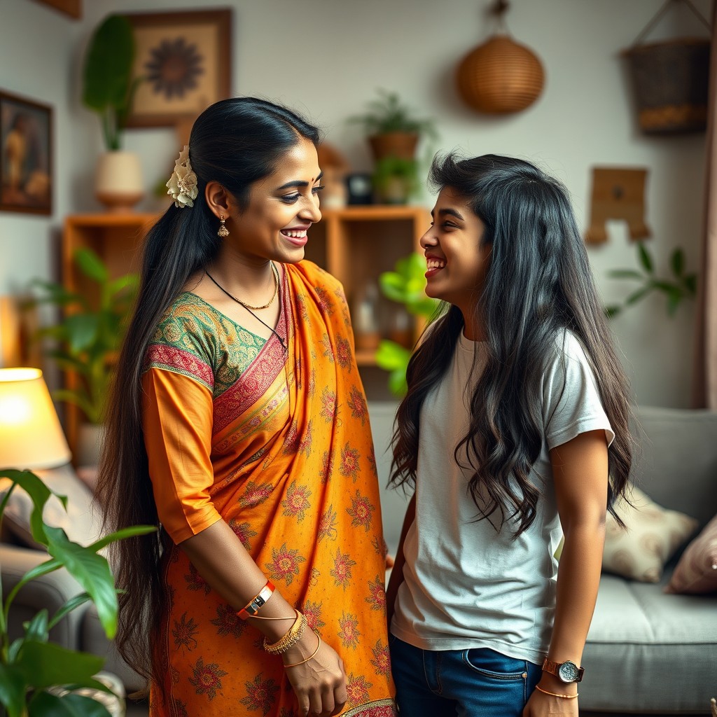 A heartwarming scene of an Indian mother with beautiful brown skin and long, silky hair elegantly styled with a hair slide on one side, creating a lovely and graceful look