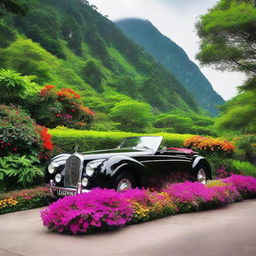 A polished black car situated in a breathtakingly beautiful locale with lush greenery and vibrant flowers.