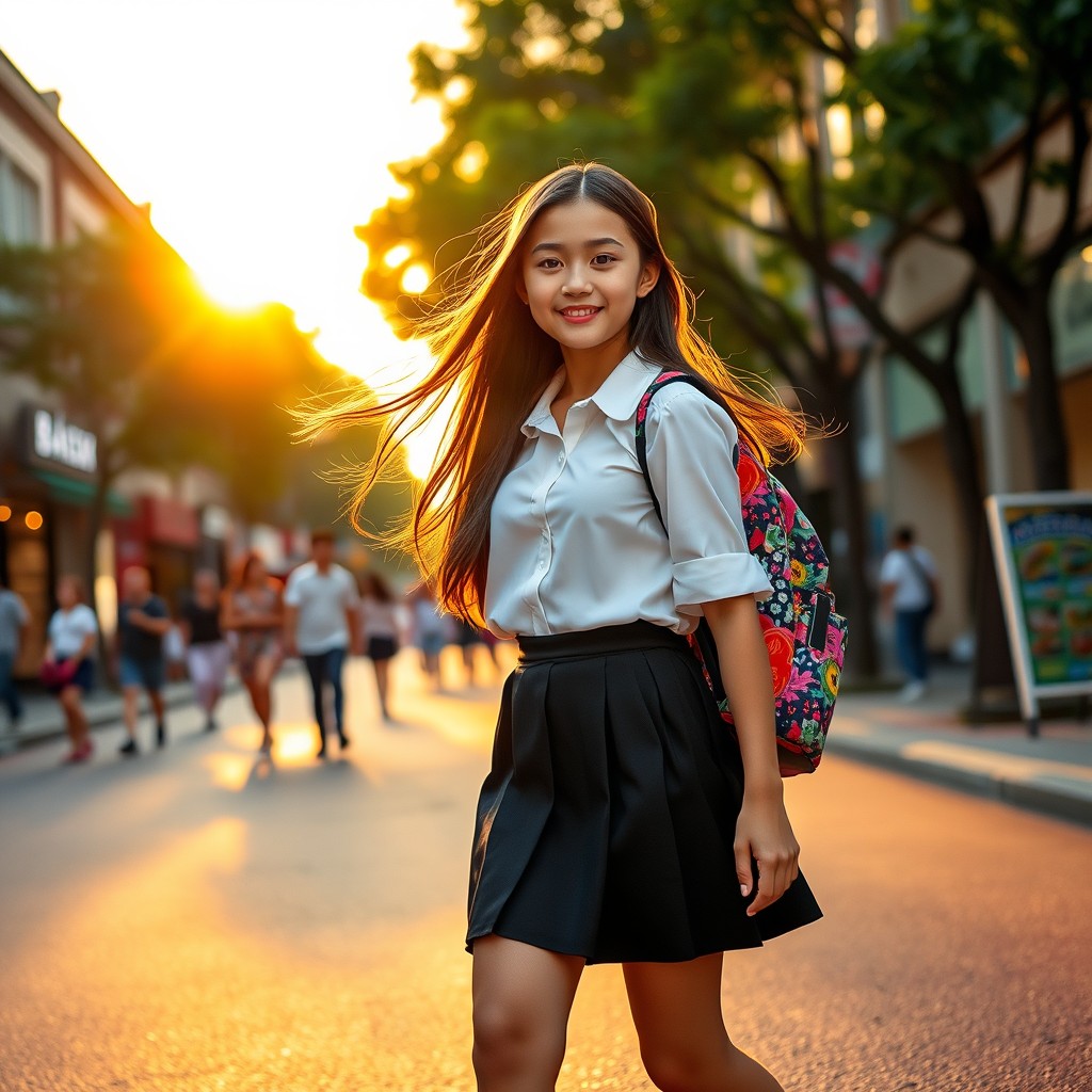 A confident schoolgirl walking down a vibrant street, wearing a stylish black short skirt and a crisp white blouse