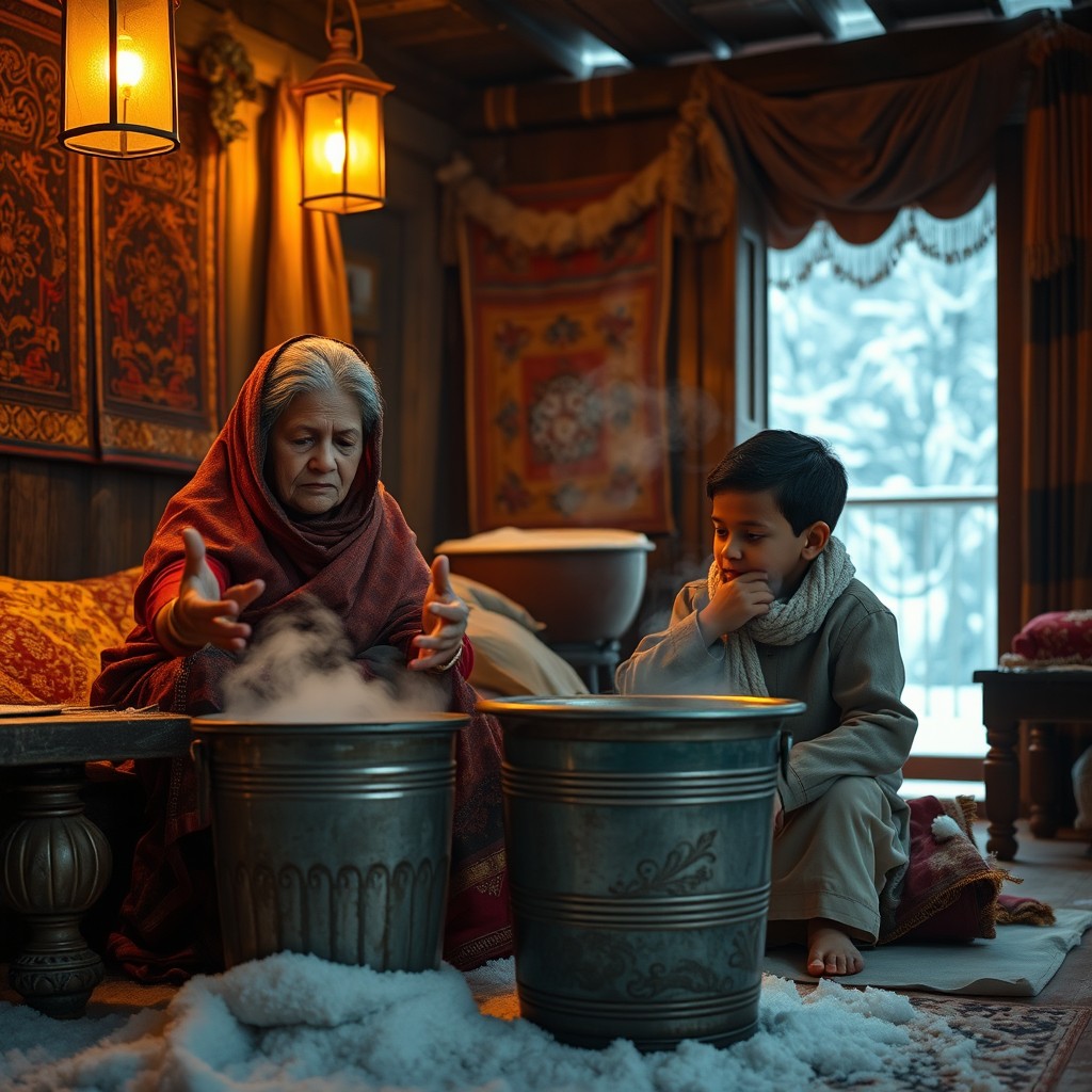 A cinematic winter scene set inside a rustic Indian home, where warm golden light from lanterns contrasts with the cold, snowy landscape outside