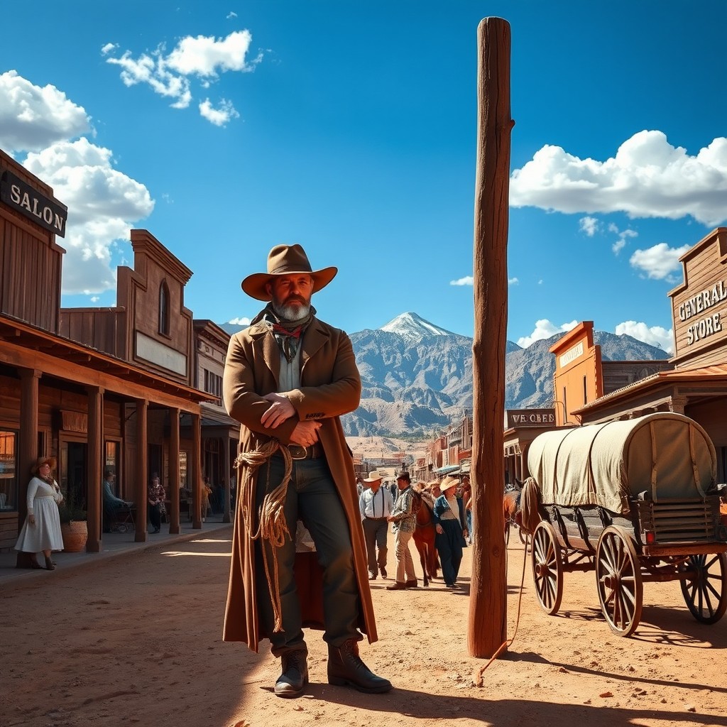 A vibrant Wild West scene, featuring a dusty street in a frontier town