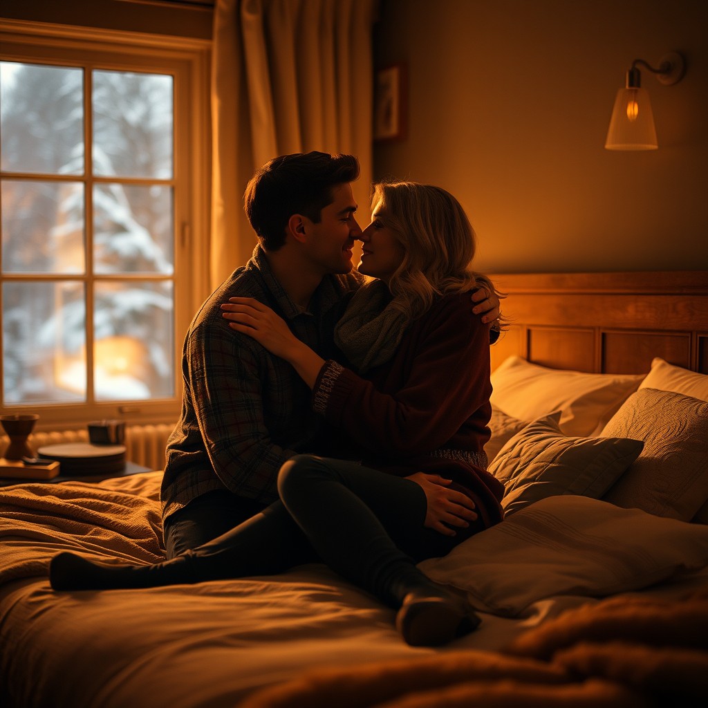 A cinematic winter evening scene set inside a cozy bedroom, illuminated by warm lamplight that creates a soft, inviting glow