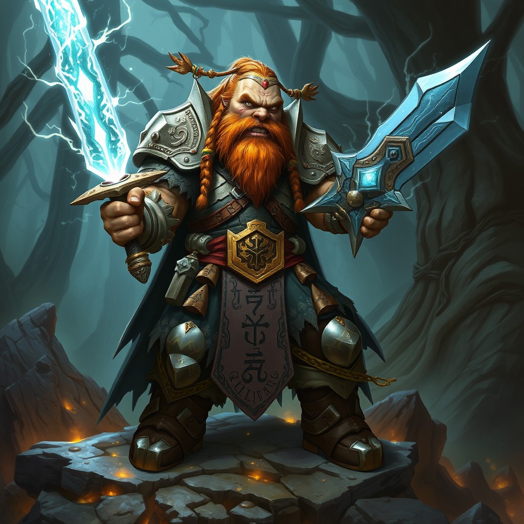 A powerful Dwarven-Orc Eldritch Knight clad in ornate armor, blending intricate Dwarven craftsmanship with rugged Orcish battle elements