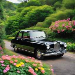 A polished black car situated in a breathtakingly beautiful locale with lush greenery and vibrant flowers.