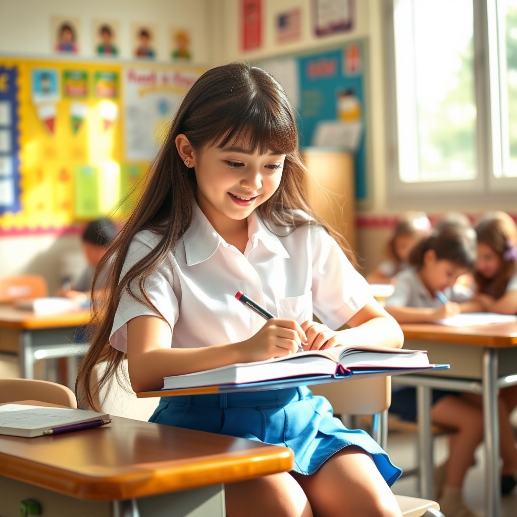 A pretty schoolgirl sitting at her school desk, wearing a crisp white shirt and a stylish blue short skirt