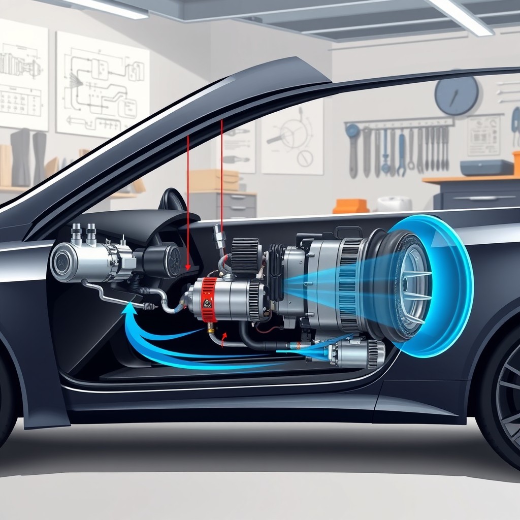 A detailed illustration of a modern car's air conditioning system, showcasing various components like the compressor, evaporator, condenser, and blower motor