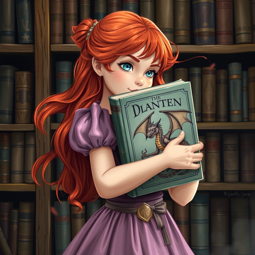A young red-haired princess embracing a book with a dragon illustration on the cover