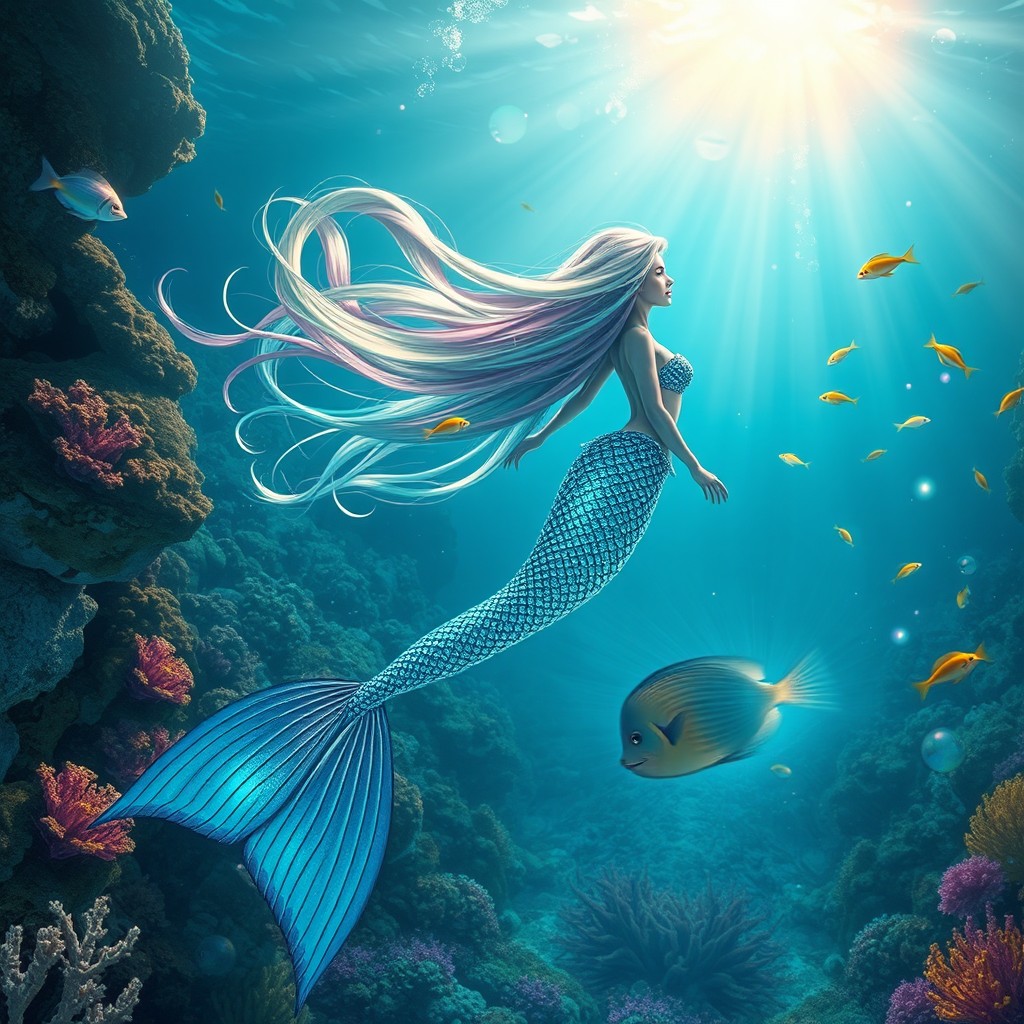A mystical mermaid swimming gracefully underwater, surrounded by vibrant coral reefs and schools of colorful fish