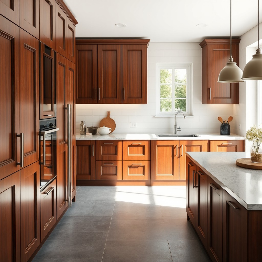 A stylish kitchen featuring elegant mahogany cabinets that shine with a rich, deep color