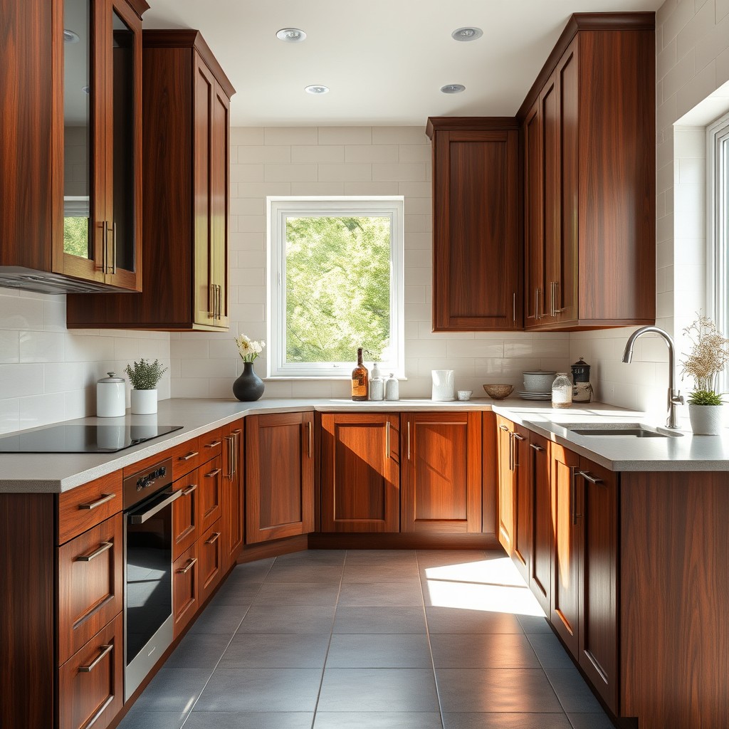 A stylish kitchen featuring elegant mahogany cabinets that shine with a rich, deep color, complemented by stunning grey countertops that enhance the overall modern aesthetic