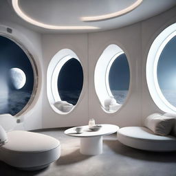 Modern and chic space station apartment featuring round windows, offering an unrivaled view of the moon, with the station orbiting the lunar surface.