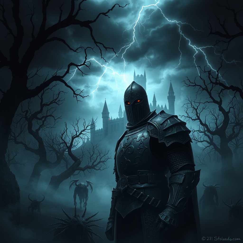A dark fantasy world featuring a valiant knight dressed in intricately detailed armor, standing in a shadowy forest filled with twisted trees and ominous mist