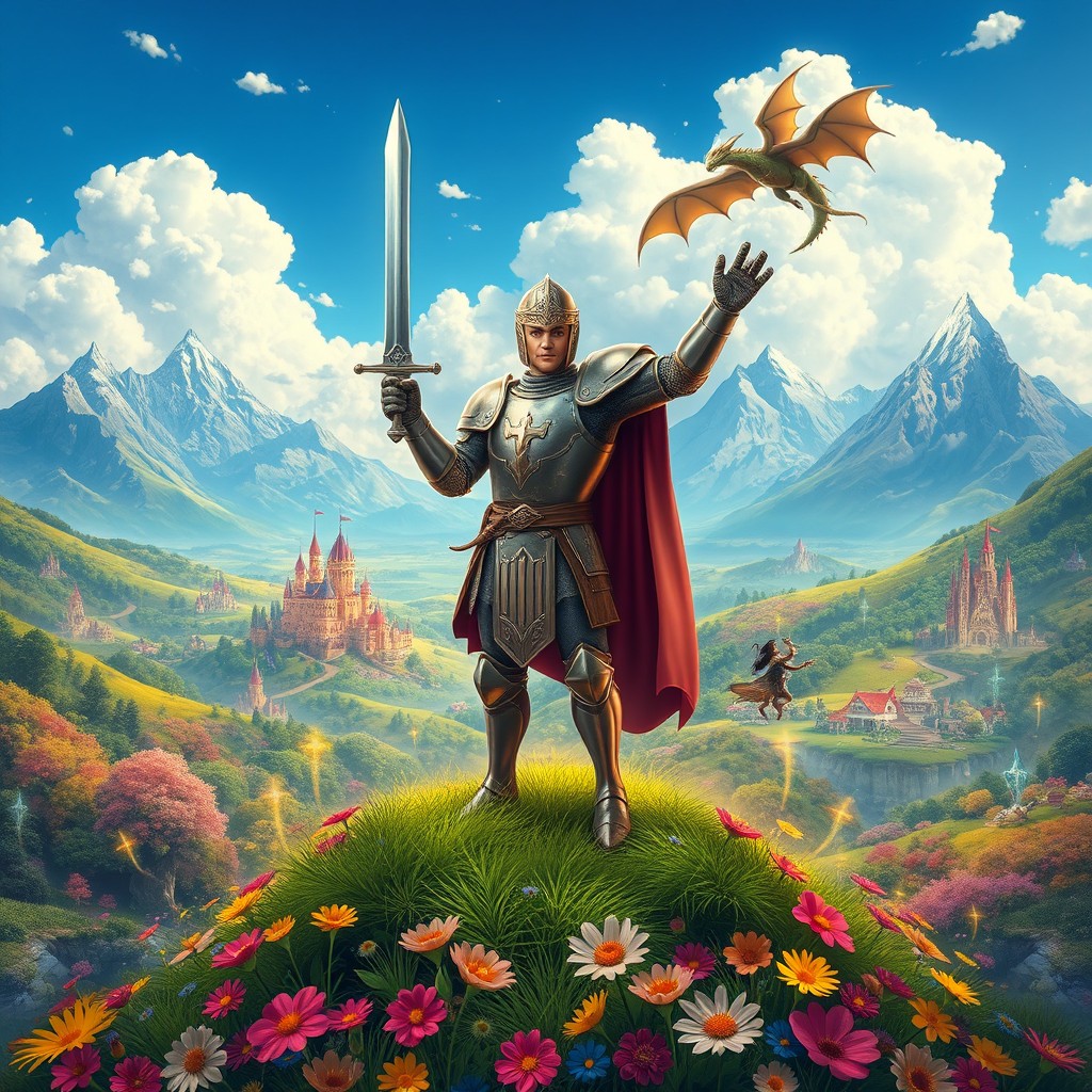 A vibrant fantasy world showcasing a brave knight clad in shining armor, standing atop a lush green hill, overlooking a sprawling landscape filled with colorful castles and fantastical creatures