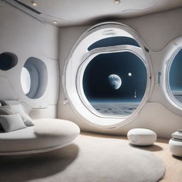 Modern and chic space station apartment featuring round windows, offering an unrivaled view of the moon, with the station orbiting the lunar surface.