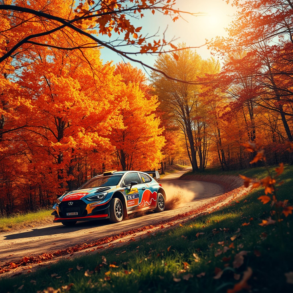 A beautiful landscape featuring a rally car driving through an autumn scene, surrounded by vibrant orange, red, and yellow trees