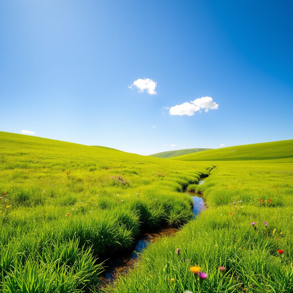 A serene and calming background scene featuring a lush green meadow under a clear blue sky