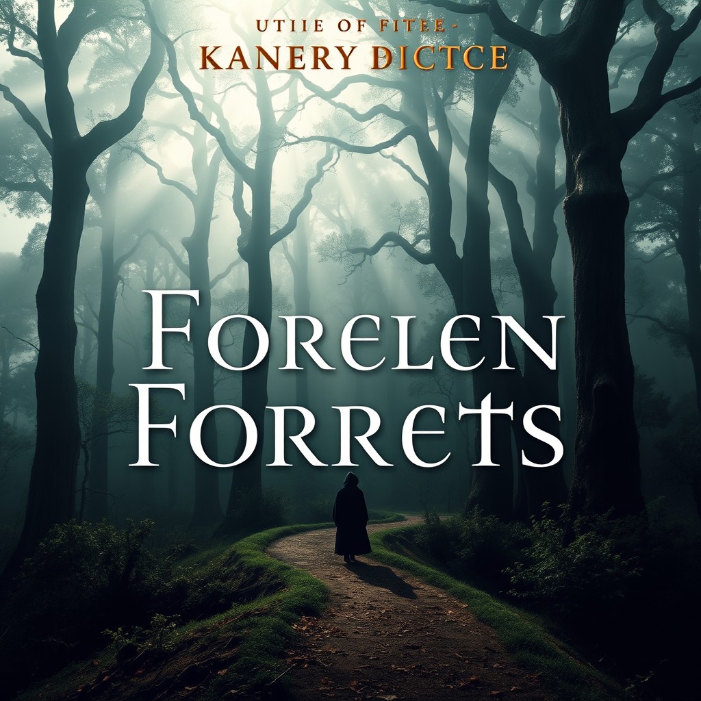 A dramatic book cover featuring a mysterious forest shrouded in mist, with towering ancient trees and soft beams of light filtering through the leaves